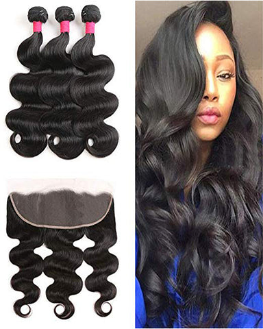 Remy Brazilian Human Hair Bundles Weaves with 13x4 Lace Frontal Body Wave Natural Color