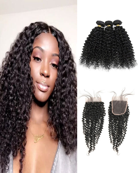 Remy Brazilian Human Hair Bundles Weaves with 4x4 Lace Closure Curly Wave Hair Natural Color