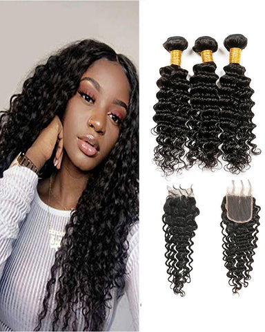 Remy Brazilian Human Hair Bundles Weaves with 4x4 Lace Closure Deep Wave Natural Color