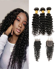 Remy Brazilian Human Hair Bundles Weaves with 4x4 Lace Closure Deep Wave Natural Color