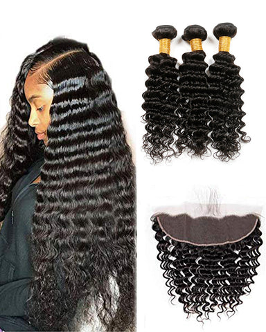 Remy Brazilian Human Hair Bundles Weaves with 13x4 Lace Frontal Deep Wave Natural Color