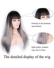 Long Straight Synthetic Wigs With Bangs High Temperature Fiber Hair Black to Grey Color 25inch