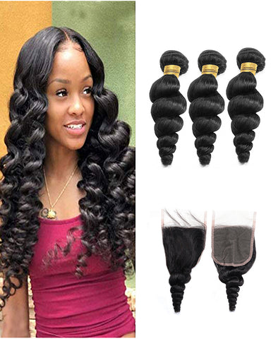 Remy Brazilian Human Hair Bundles Weaves with 4x4 Lace Closure Loose Wave Natural Color