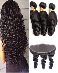 Remy Brazilian Human Hair Bundles Weaves with 13x4 Lace Frontal Loose Wave Natural Color