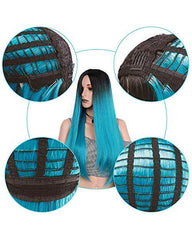 Long Straight Ombre Blue Wig for Women with Middle Part Dark Roots Costume Cosplay Wig  Heat Resistant Fiber Party Wig