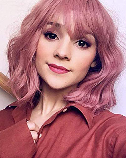 Short Pink Bob Wavy Wigs With Air Bangs Women's Wigs Synthetic Cosplay Wig for Girl