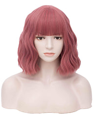 Short Pink Bob Wavy Wigs With Air Bangs Women's Wigs Synthetic Cosplay Wig for Girl