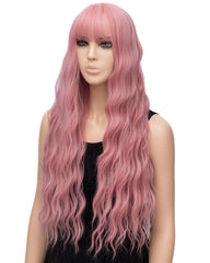 Women's Pink Wig Long Fluffy Curly Wavy Hair Wigs for Girl Heat Friendly Synthetic Cosplay Party Wigs