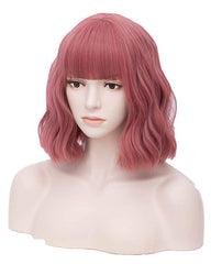 Short Pink Bob Wavy Wigs With Air Bangs Women's Wigs Synthetic Cosplay Wig for Girl