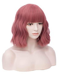 Short Pink Bob Wavy Wigs With Air Bangs Women's Wigs Synthetic Cosplay Wig for Girl