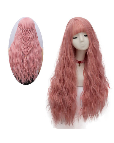 Women's Pink Wig Long Fluffy Curly Wavy Hair Wigs for Girl Heat Friendly Synthetic Cosplay Party Wigs