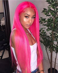 Remy Human Hair Straight 13x4 Lace Frontal Wig 10-24inch Pink Color