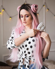 Long Straight Ombre Sweet Baby Pink Dark Roots Glueless Cosplay Heat Resistant Synthetic Wigs