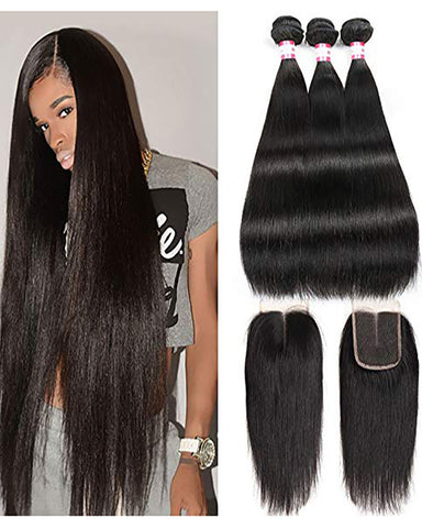 Remy Brazilian Human Hair Bundles Weaves with 4x4 Lace Closure Straight Natural Color
