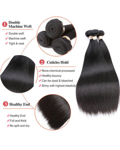Remy Brazilian Human Hair Bundles Weaves with 4x4 Lace Closure Straight Natural Color
