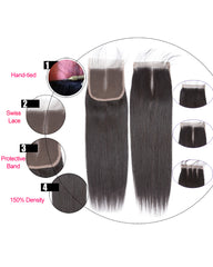Remy Brazilian Human Hair Bundles Weaves with 4x4 Lace Closure Straight Natural Color