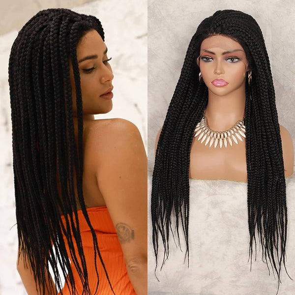Long Black Synthetic Box Braids Wig Braided Lace Front Wigs Heat For Black Women