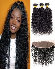 Remy Brazilian Human Hair Bundles Weaves with 13x4 Lace Frontal Water Wave Hair Natural Color