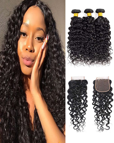 Remy Brazilian Human Hair Bundles Weaves with 4x4 Lace Closure Water Wave Hair Natural Color